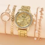 ZRE-AEWWTCH 5PCS Gold Round Quartz Watch Women Fashion 3 Eyes Alloy Strap Gift Rhinestone Watch For Women Jewelry Set