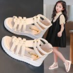 ZRE-AEKDSHO Girls Roman Sandals Open Toe Braided Solid Color High-top Simple Rivets New Summer Hollow Flat Casual Shoes Kids Fashion Casual