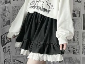 ZRE-AEBTTM HOUZHOU Kawaii Mini Skirts Women Lolita Lace Ruffle Patchwork High Waist Short Skirt Summer Harajuku Japanese Style Soft Girl