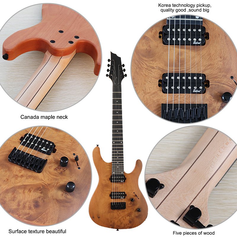 High-Grade-7-Strings-Electric-Guitar-Tree-Burl-Skin-Natural-Color-Solid-Okoume-Body