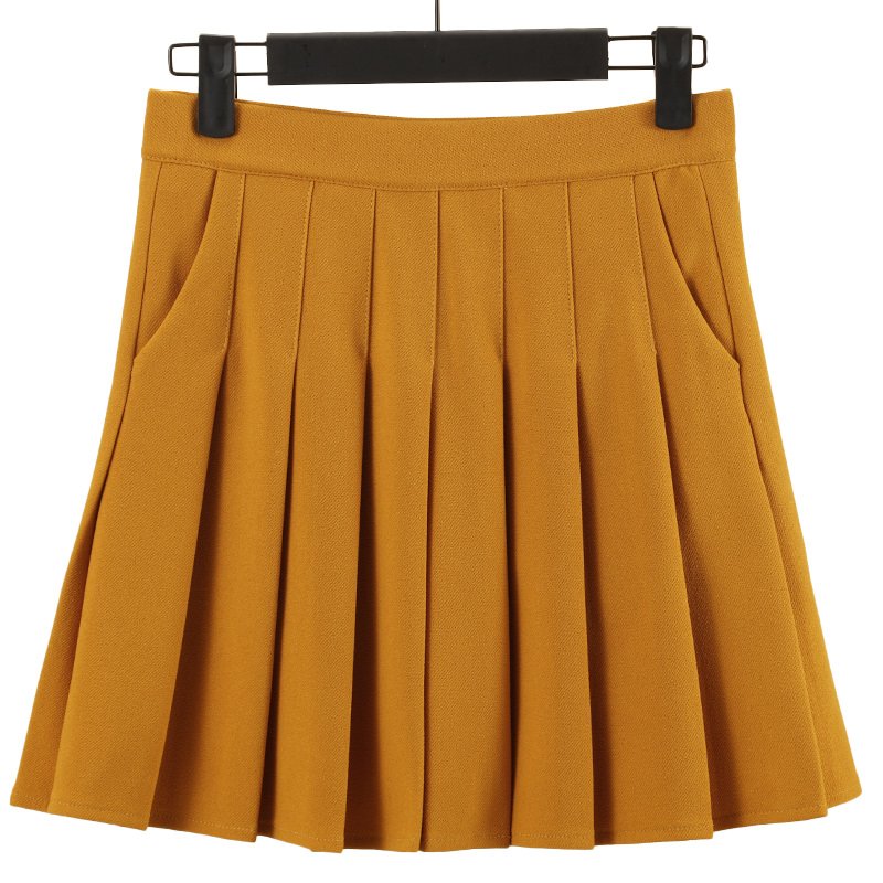 Pleated-Skirt-with-Pockets-Women-s-Autumn-Yellow-Preppy-Style-Elastic-High-Waist-A-Line-Slimming