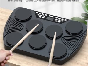 ZRE-AEDRM Portable Electronic Drum Set 7 Velocity-Sensitive Pads Tabletop Drum Built-in 2 Speakers Stereo Rechargeable Practice Drum Pad