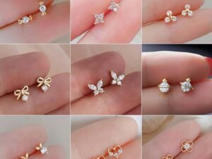 ZRE-AEERING Tibetan Silver Mini Crystal Butterfly Sweet Stud Earrings for Women Flower Helix Cartilage Tragus Lobe Teen Ear Piercing Jewelry