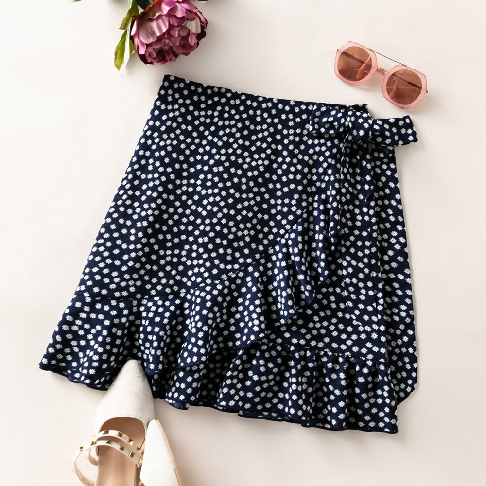Women-s-Polka-Dots-Floral-Bow-Short-Loose-Lrregular-Ruffled-Half-Skirt