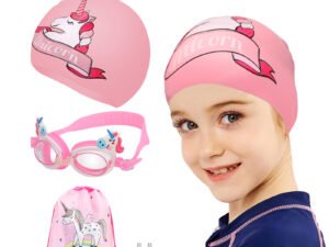 ZRE-AWSWIM Girl Unicorn Swimming Goggles Natacion Anti Fog Swim Goggles Silicone Ear Plug with Storage Bag for Children Age 3-12 Swim Cap