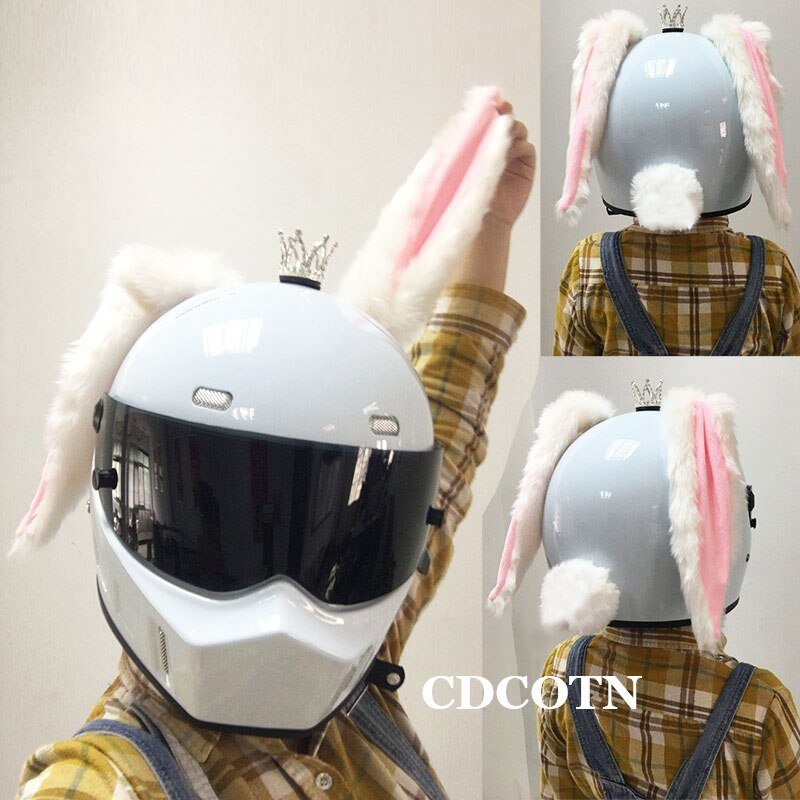 Car-Motorcycle-Helmet-Cute-Plush-Rabbit-Ears-Decor-Motocross-Full-Face-Off-Road-Helmet-Accessories-Sticker